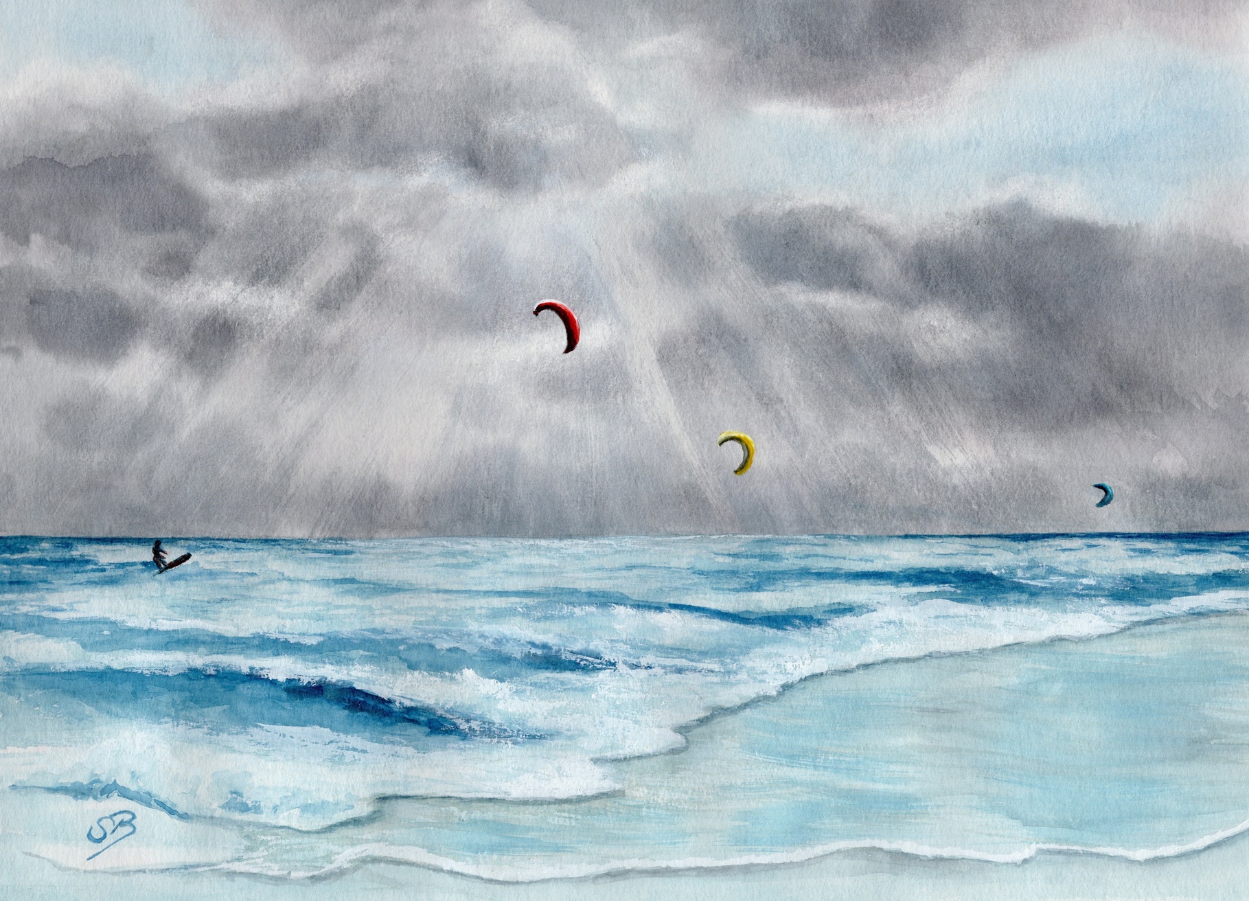 AL2 - Kitesurfer nach dem Sturm Aquarell Bild Druck