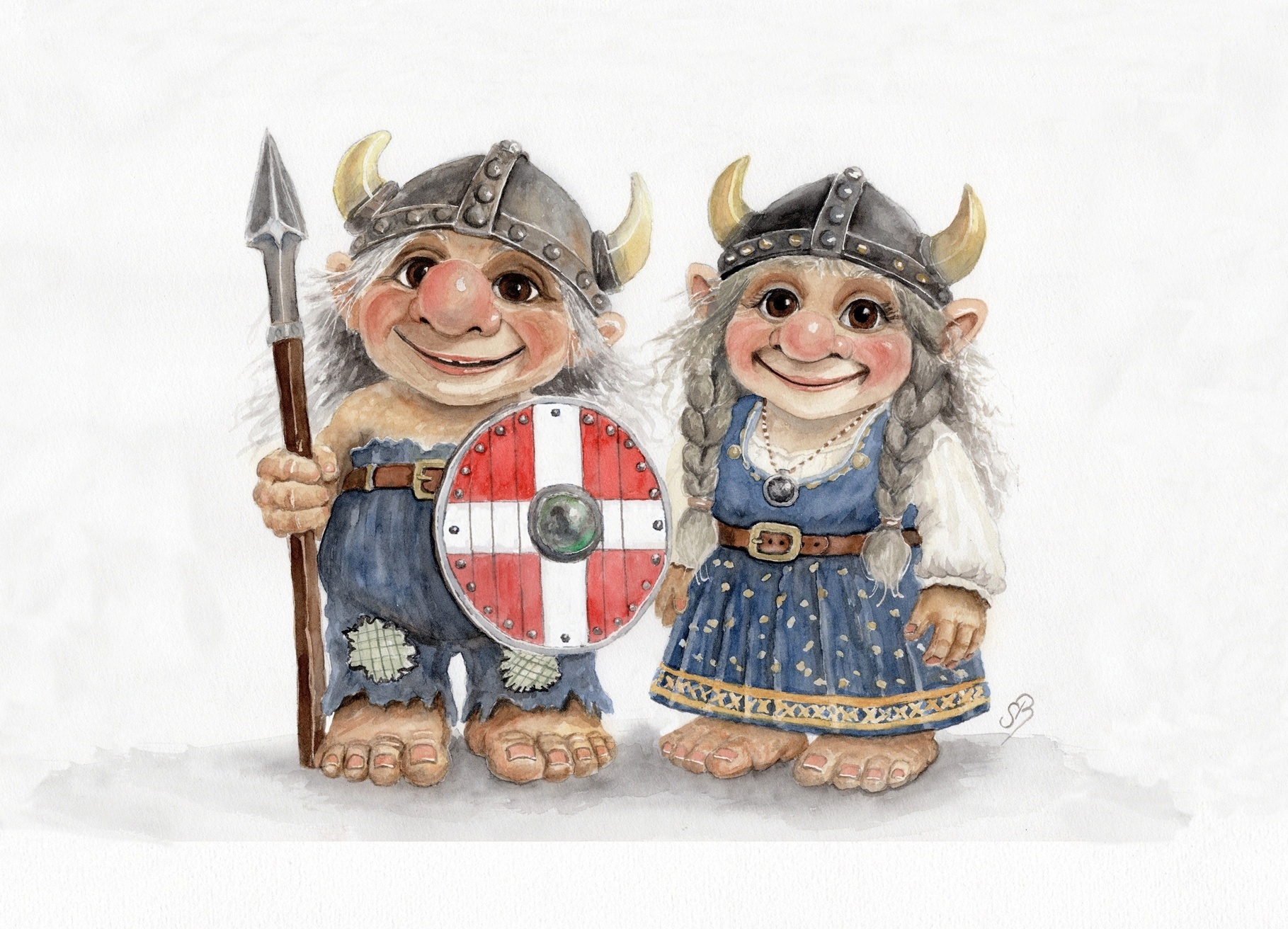 AL8-DK - Viking Pair of Trolls Troll Watercolor Akvarel Print
