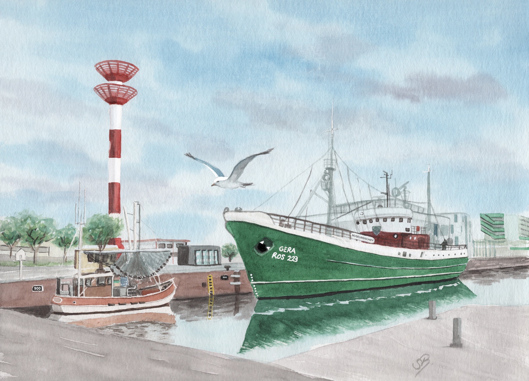 Bremerhaven Fischereihafen Museumsschiff FMS GERA - BHV4 Aquarell Kunst Druck