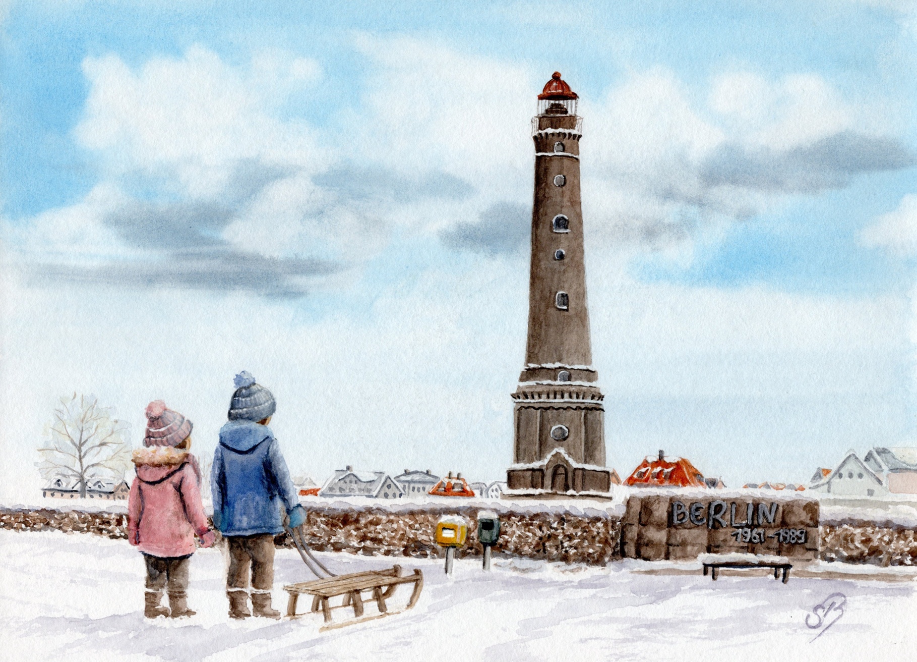 Borkum22 - New Lighthouse Winter - BO22 Watercolor Art print  Picture