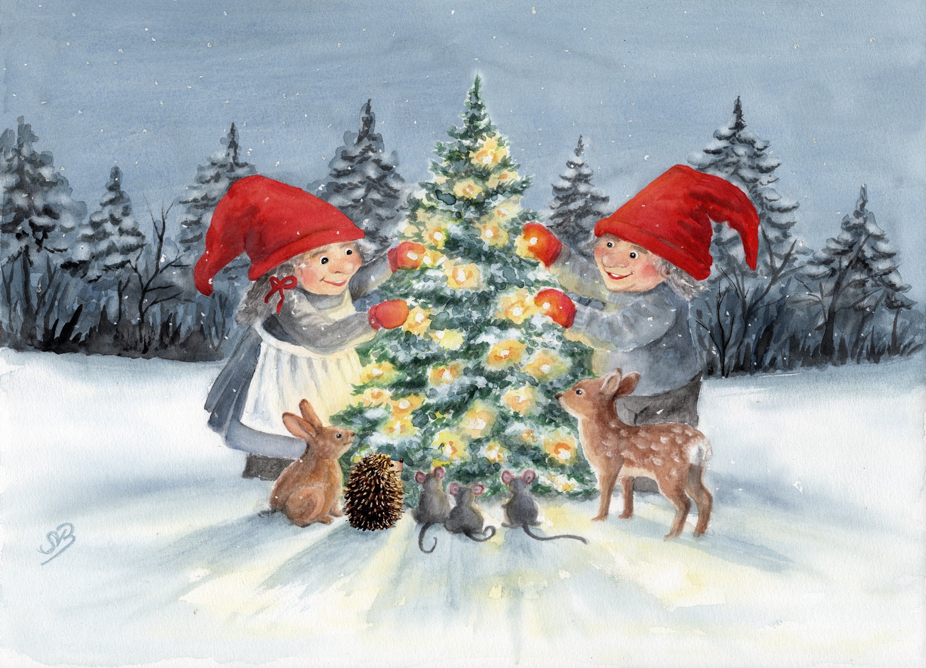 DK84 - Weihnachten Winter Jul Nisse Weihnachtsbaum Aquarell Bild Druck