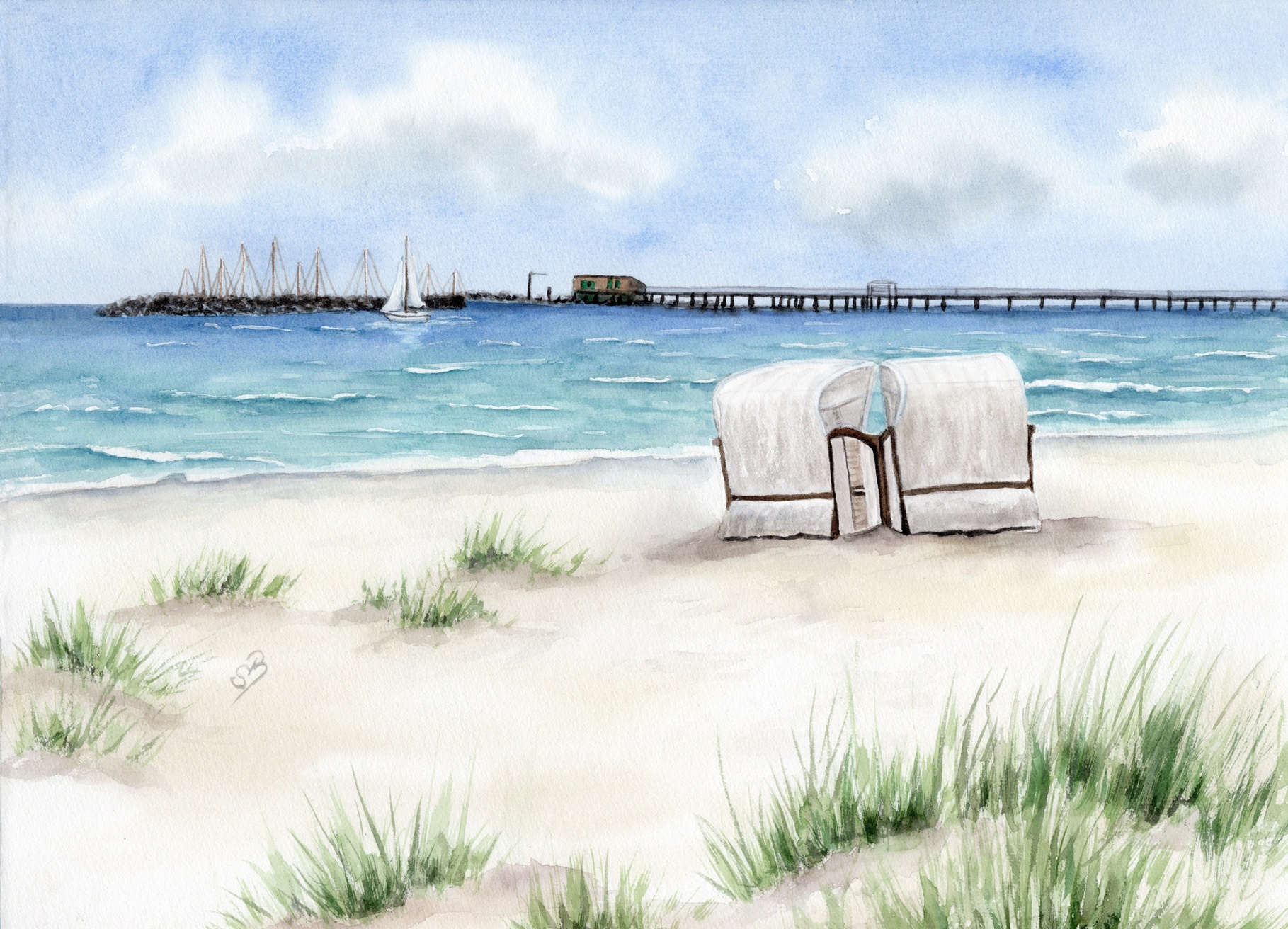 - Prerow – Pier Beach Chair – Darß 7 Watercolor Art picture print