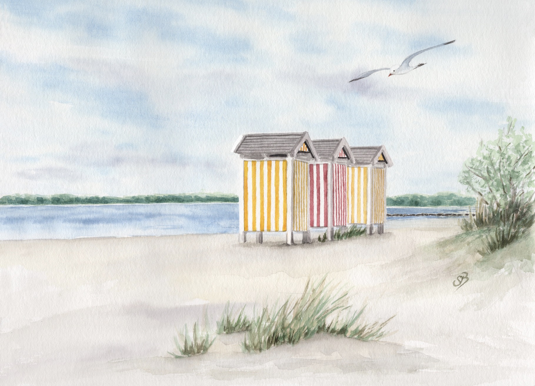 Eckernförde Strand Umkleidekabinen - EKF3  Aquarell Kunst Druck