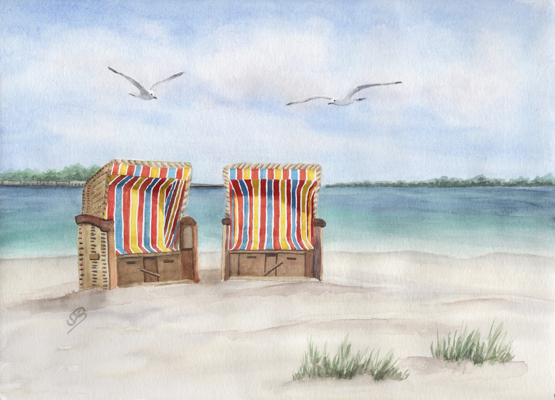 Eckernförde Strand bunte Strandkörbe - EKF4  Aquarell Kunst Druck