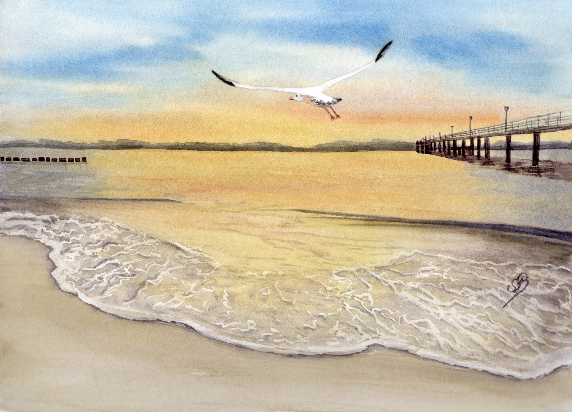 Sonnenuntergang Strand mit Möwe und Seebrücke - GM9