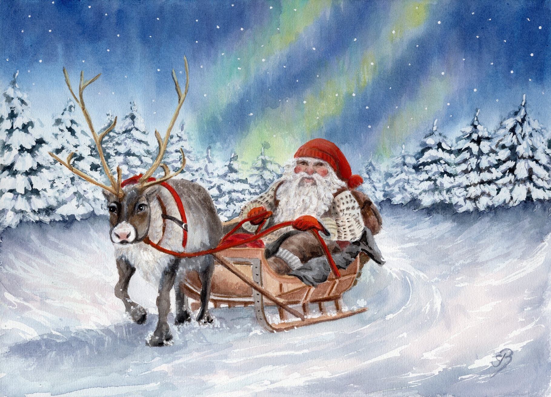 NO18 - Weihnachten Weihnachtsmann Julenisse Polarlichter Aquarell Kunst Druck Bild