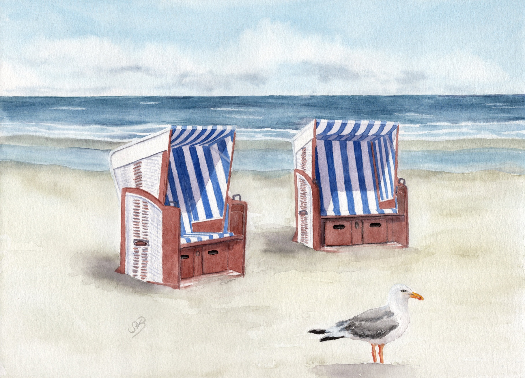 Norderney8 - Strandkorb Meer Strand  Möwe Aquarell Bild Druck  Kunst
