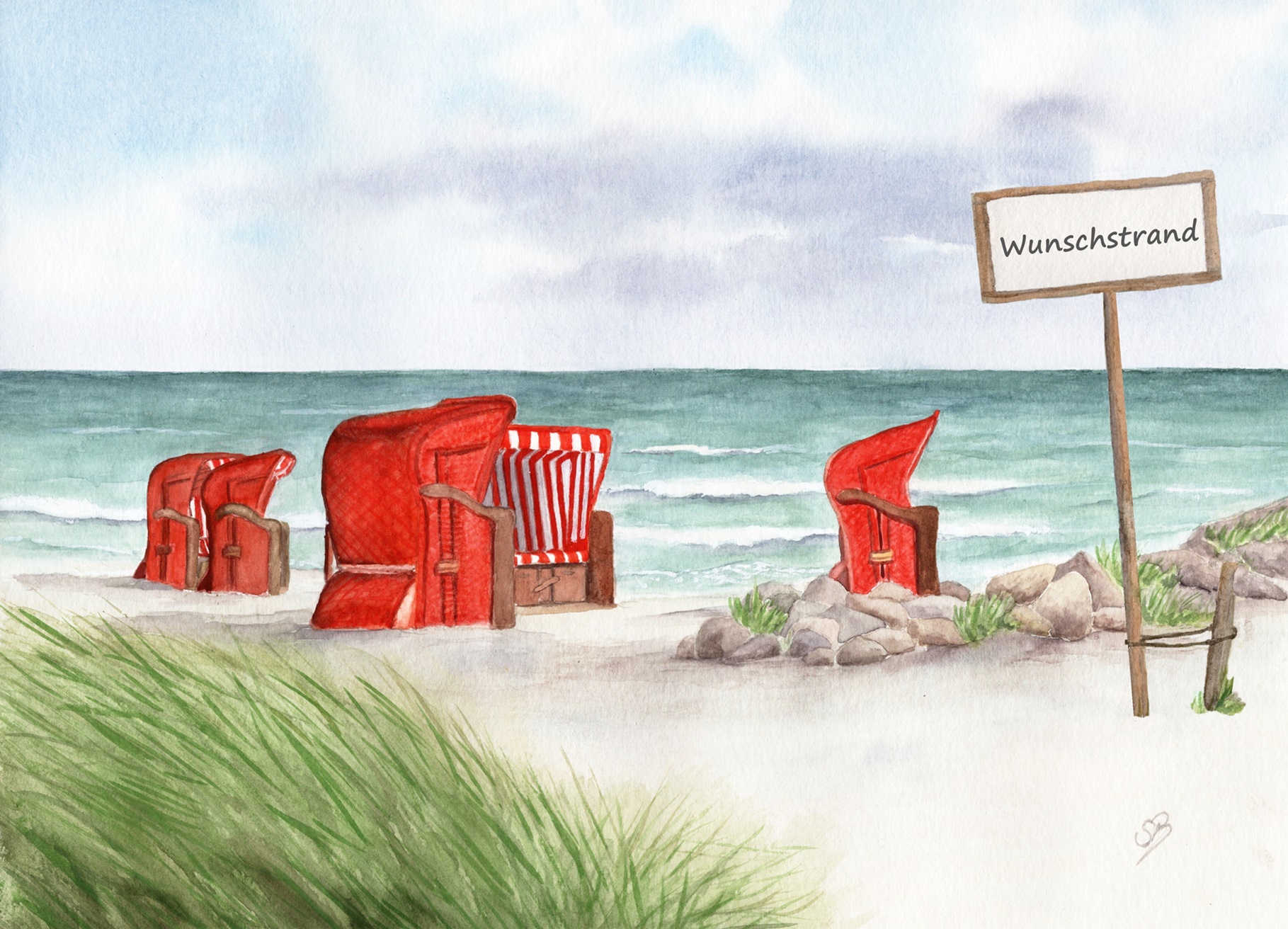 Strandkörbe rot am Meer Strandschild - OA3W