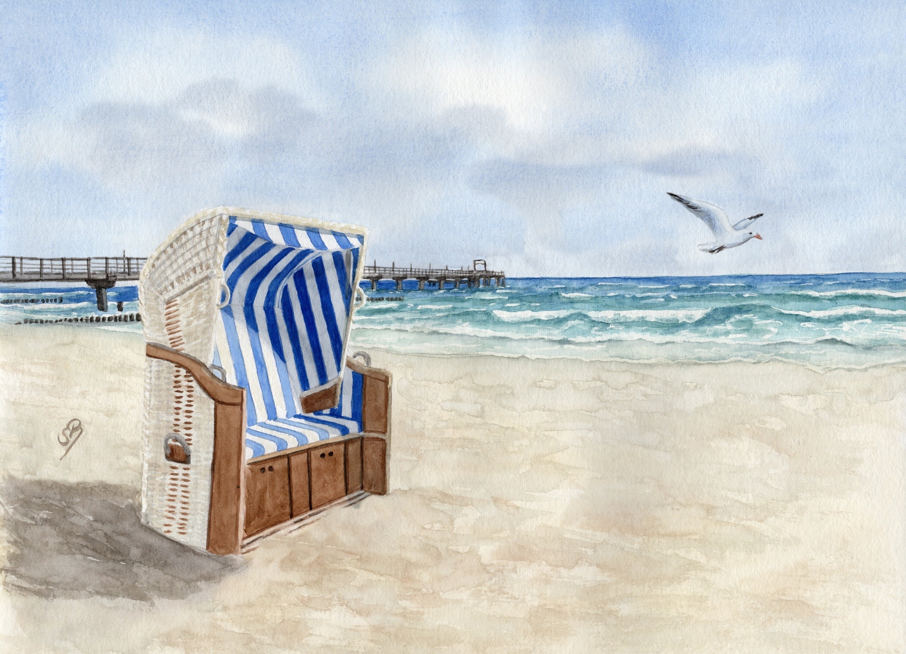 Seagull Pier Beach basket - OA5 Watercolor Art picture print