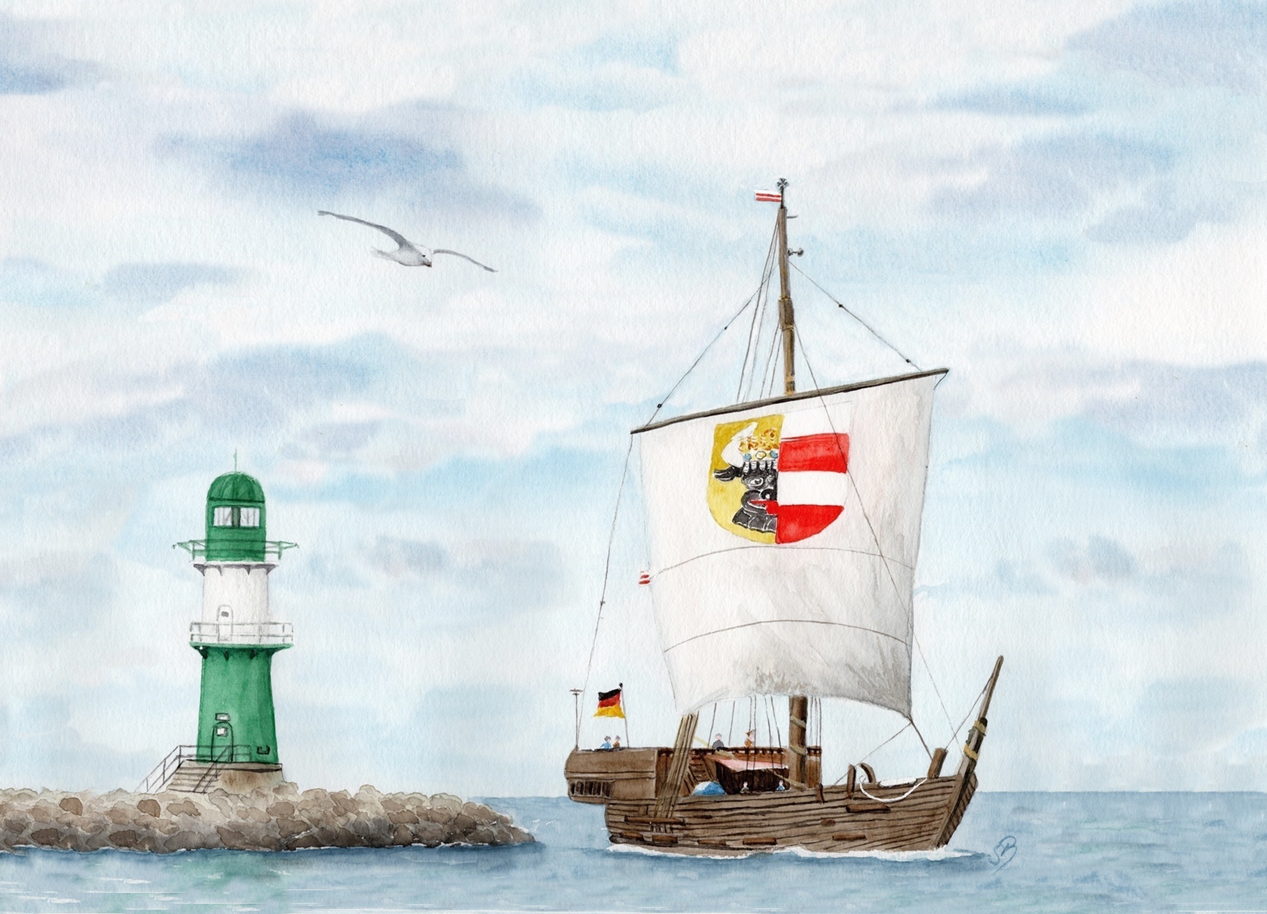 Warnemünde Westmole grün mit Kogge - WA14