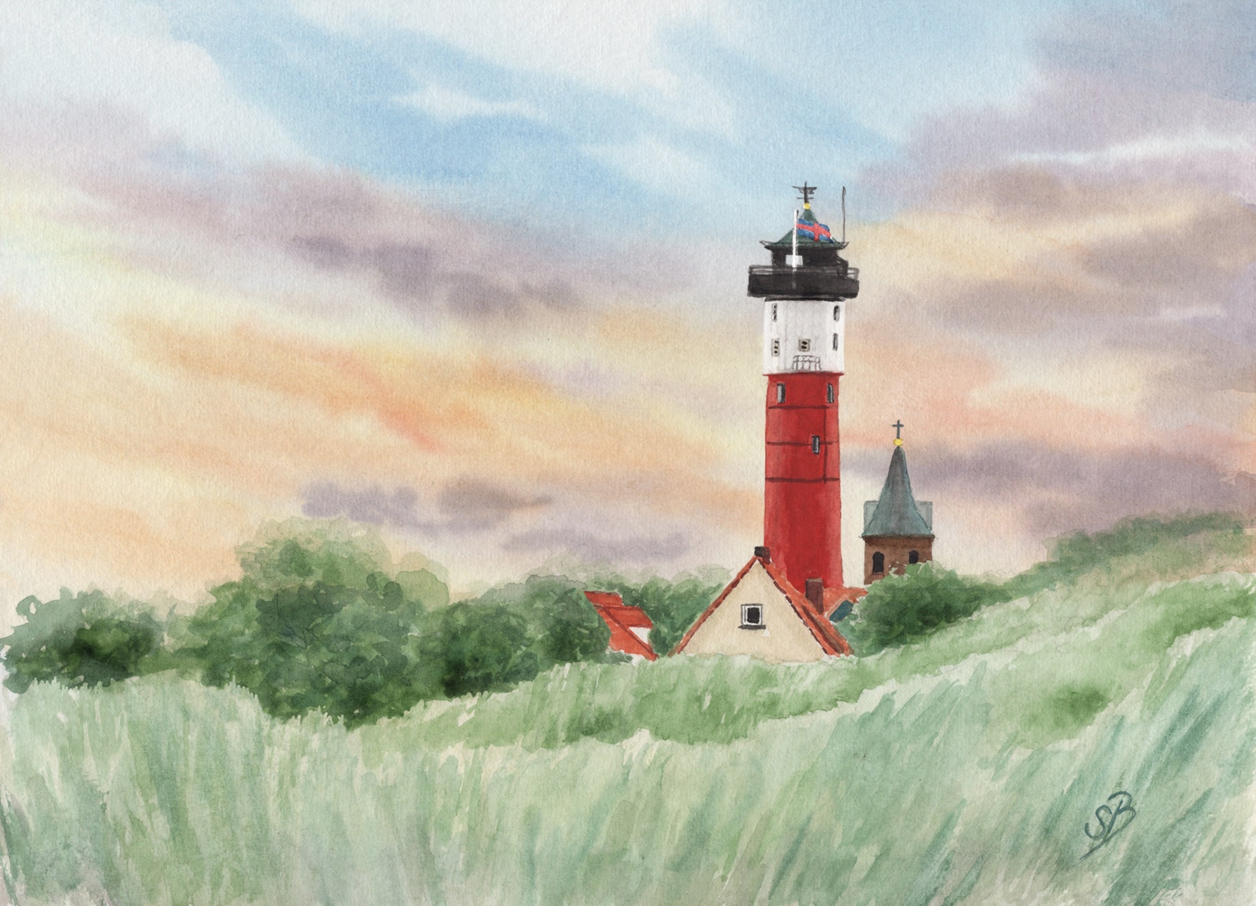 Alter Leuchtturm Wangerooge - WG1 Aquarell Kunst Druck