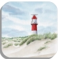 Preview: Untersetzer Glasuntersetzer 9,5 x 9,5 cm Aquarell Maritim Kunst Druck Kunstdruck Nordsee Insel Borkum elektrischer Leuchtturm und rote Badekarre am Strand - BO20A
