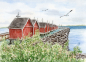 Preview: Postkarte DIN-A6 Aquarell Maritim Kunst Druck Kunstdruck Ostsee- Fischerhäuser im Hafen Boltenhagen