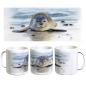 Preview: Tasse Becher Kaffeebecher  Aquarell Maritim Kunst Druck Kunstdruck Seehund auf Bauch Robbe Heuler Kegelrobbe Dänemark Nordsee Ostsee
