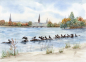 Preview: Postkarte DIN-A6 Aquarell Maritim Kunst Druck Kunstdruck Nordsee Hamburg - Binnenalster - Kleiner Binnensee - HH1