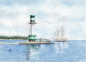 Preview: Postcard DIN-A6  Watercolor Maritime Art Print Baltic Sea - Kiel Lighthouse Sailing ship Kiel Fjord - Kiel1