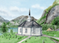 Preview: Postkarte DIN-A6 Aquarell Kunst Druck Kunstdruck Norwegen Norge Norway Geiranger Fjord Kirche