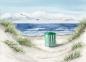 Preview: Postkarte DIN-A6 Aquarell Kunst Druck Kunstdruck - Strandzelt Meer Strand Düne Möwe - Norderney Borkum