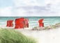 Preview: Postkarte DIN-A6  Aquarell Kunst Maritim Druck Kunstdruck Strandkörbe rot am Meer Ostsee Meer Strand Dünen