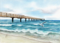 Preview: Postkarte DIN-A6 Aquarell Maritim Kunst Druck Kunstdruck Ostsee - Seebrücke  Möwe