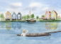 Preview: Postkarte DIN-A6 Aquarell Maritim Kunst Druck Kunstdruck Nordsee Ostfriesland Fischerboot Fischerhäuschen  Fischerhäuschen  Neuharlingersiel OFL14