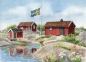 Preview: Postcard DIN-A6 watercolor art print Sweden Sverige house in the archipelago by the lake island