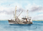 Preview: Watercolor Maritime Art Print Denmark North Sea Baltic Sea Fishing boat  fisherboat cutter Seagulls