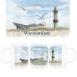 Preview: Tasse Becher Kaffeebecher Aquarell Maritim Kunst Druck Kunstdruck Ostsee Leuchtturm Warnemünde Rostock Teepott Möwen WA11