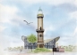Preview: Folienmagnet Aquarell Maritim Kunst Druck Kunstdruck Ostsee Leuchtturm Warnemünde Rostock