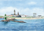 Preview: Foil magnet Watercolor Maritime Art Print Baltic Sea lighthouse Warnemünde - Panorama - WA15