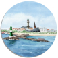 Preview: Coasters glass coasters 9,5 x  9,5 cm Watercolor Maritime Art Print Baltic Sea lighthouse Warnemünde - Panorama - WA15