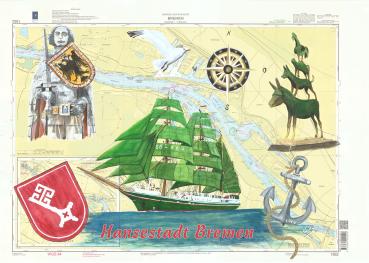 Folienmagnet Aquarell Maritim Kunst Druck Kunstdruck Bremen Bremer Seekarte Nordsee Weser Schiff