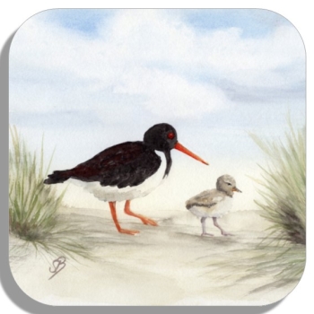 Untersetzer Glasuntersetzer 9,5 x 9,5 cm Aquarell Maritim Kunst Druck Kunstdruck Nordsee Amrum 5 - Austernfischer am Strand