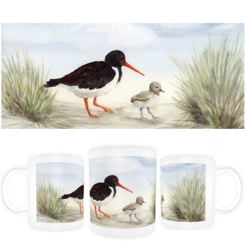 Tasse Becher Kaffeebecher Aquarell Maritim Kunst Druck Kunstdruck Nordsee Amrum 5 - Austernfischer am Strand