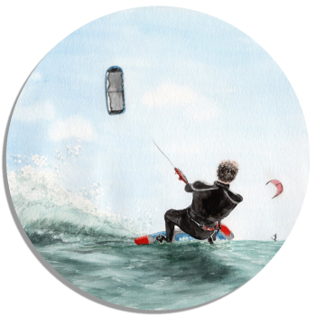 Untersetzer Glasuntersetzer rund 9,5 cm  Aquarell Maritim Kunst Druck Wellenr Dänemark Nordsee  Sylt Meer Strand - Kitesurfer  Kitesurfen