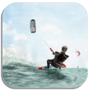 Untersetzer Glasuntersetzer 9,5 x 9,5 cm  Aquarell Maritim Kunst Druck Wellenr Dänemark Nordsee  Sylt Meer Strand - Kitesurfer  Kitesurfen