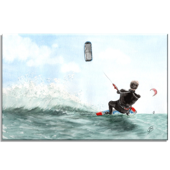 Leinwand 30 x 20 cm Keilrahmen Canvas-Leinen  Aquarell Maritim Kunst Druck Wellenr Dänemark Nordsee  Sylt Meer Strand - Kitesurfer  Kitesurfen