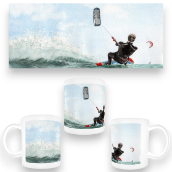 Tasse Becher Kaffeebecher Aquarell Maritim Kunst Druck Wellenr Dänemark Nordsee  Sylt Meer Strand - Kitesurfer  Kitesurfen
