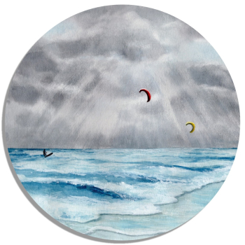 Untersetzer Glasuntersetzer rund 9,5 cm  Aquarell Maritim Kunst Druck Wellenr Dänemark Nordsee  Sylt Meer Strand - Kitesurfer  Kitesurfen