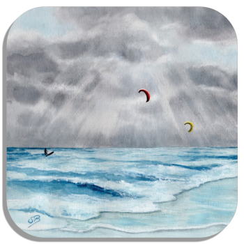 Untersetzer Glasuntersetzer 9,5 x 9,5 cm  Aquarell Maritim Kunst Druck Wellenr Dänemark Nordsee  Sylt Meer Strand - Kitesurfer  Kitesurfen