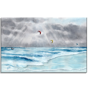 Leinwand 30 x 20 cm Keilrahmen Canvas-Leinen  Aquarell Maritim Kunst Druck Wellenr Dänemark Nordsee  Sylt Meer Strand - Kitesurfer  Kitesurfen