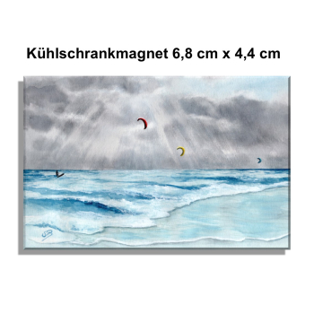 Kühlschrankmagnet Aquarell Maritim Kunst Druck Wellenr Dänemark Nordsee  Sylt Meer Strand - Kitesurfer  Kitesurfen