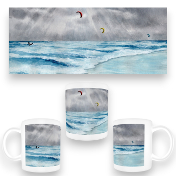 Tasse Becher Kaffeebecher Aquarell Maritim Kunst Druck Wellenr Dänemark Nordsee  Sylt Meer Strand - Kitesurfer  Kitesurfen