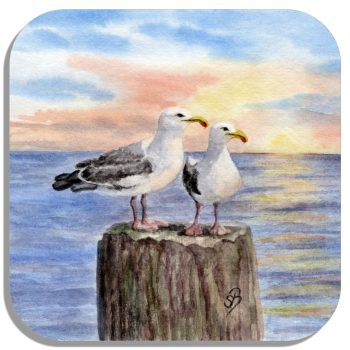 Untersetzer Glasuntersetzer 9,5 x 9,5 cm - Möwen auf Pfahl im Sonnenuntergang - AL3