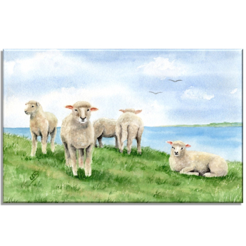 Leinwand 30 x 20 cm Keilrahmen Canvas-Leinen  Aquarell Maritim Kunst Druck Kunstdruck Nordsee Ostsee Schafe Schaf Deich Ostfriesland Deichschafe