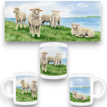Tasse Becher Kaffeebecher Aquarell Maritim Kunst Druck Kunstdruck Nordsee Ostsee Schafe Schaf Deich Ostfriesland Deichschafe