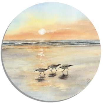 Untersetzer Glasuntersetzer rund 9,5 cm quarell Kunst Druck Kunstdruck Vogel Strandläufer Meer Sonnenuntergang