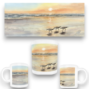Tasse Becher Kaffeebecher Aquarell Kunst Druck Kunstdruck Vogel Strandläufer Meer Sonnenuntergang