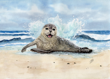 Postkarte DIN-A6  Aquarell Maritim Kunst Druck Kunstdruck Seehund Welle Wellen Robbe Heuler Kegelrobbe Dänemark Nordsee Ostsee