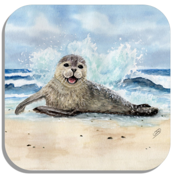 Untersetzer Glasuntersetzer 9,5 x 9,5 cm  Aquarell Maritim Kunst Druck Kunstdruck Seehund Welle Wellen Robbe Heuler Kegelrobbe Dänemark Nordsee Ostsee